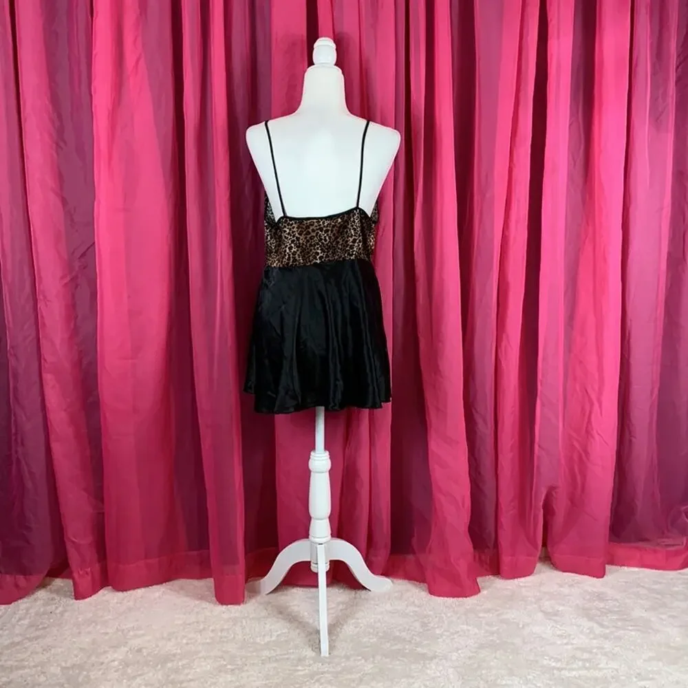 Vintage Angelique Leopard print and‎ black satin chemise slip, size Large - Picture 2 of 8